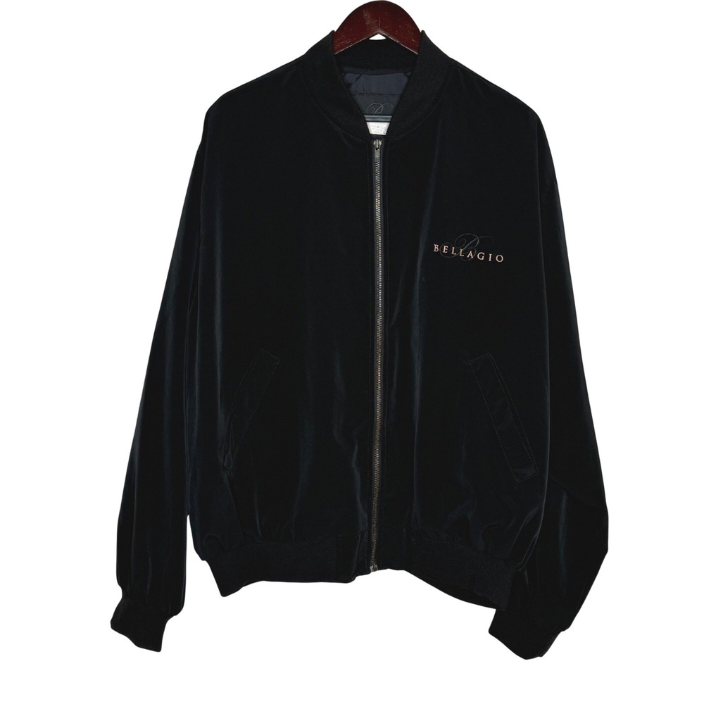 Bellagio Bomber Jacket Mens XL Black Velvet Feel Full Zip Vintage Made in USA